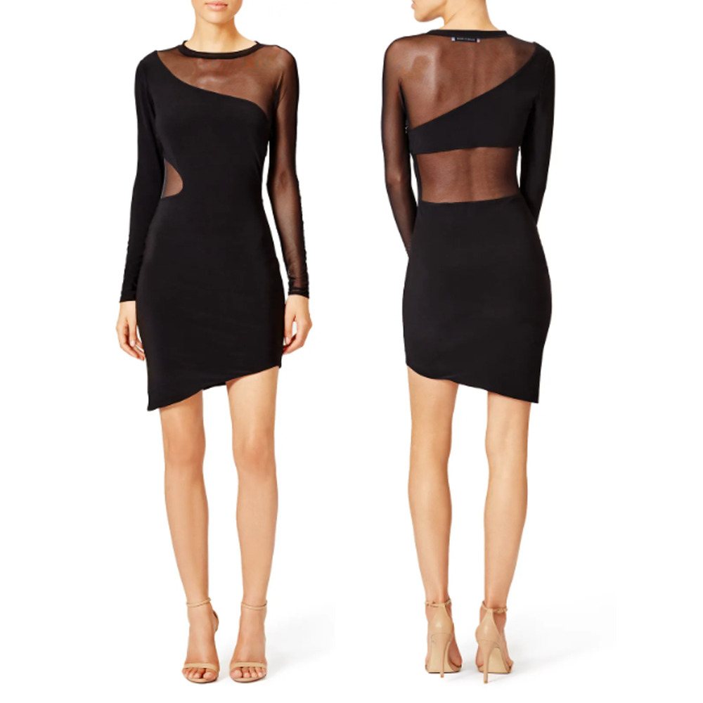 Elizabeth & James Ziomara Mesh Cutouts Asymmetric Bodycon Mini Dress Black S